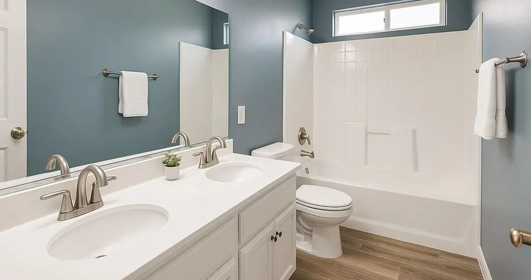 The same bathroom with straight verticals and a clean mirror